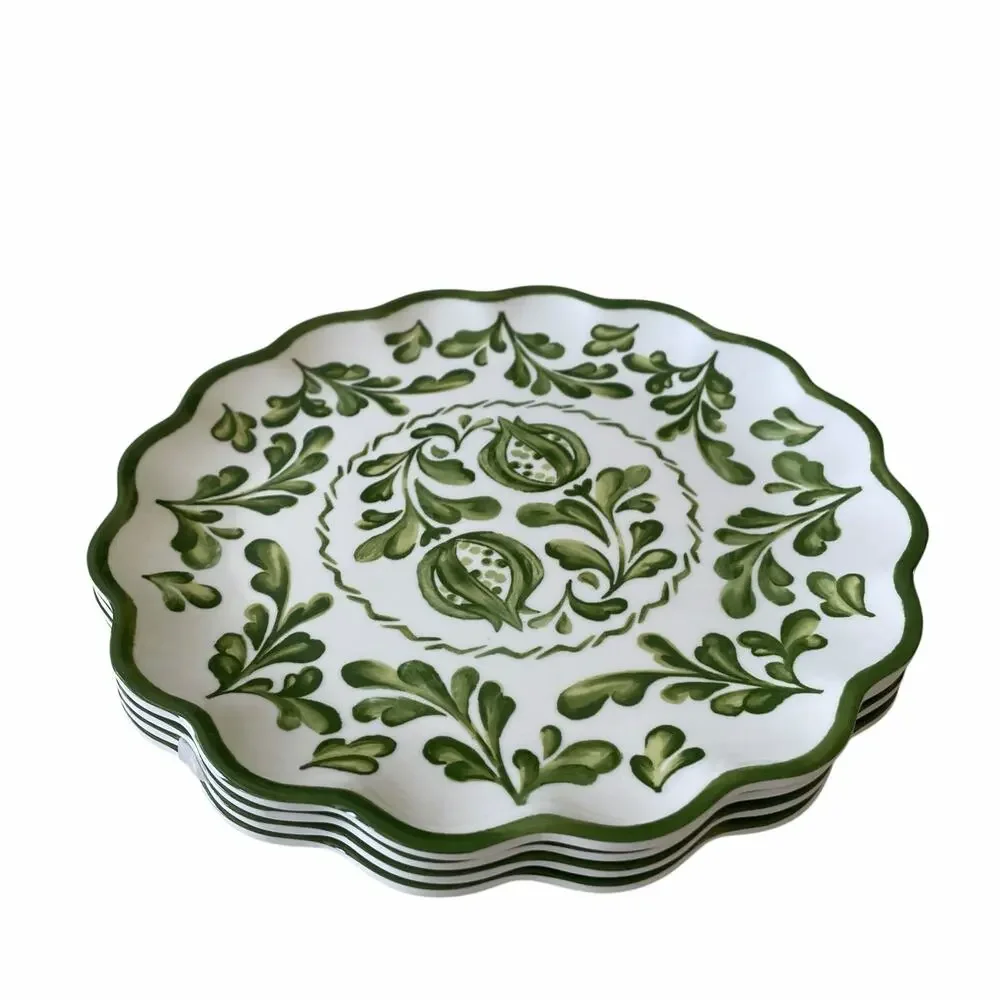 Shabby Chic Green Floral Melamine Dinner Plates 11in Set of 4 Indoor Outdoor NEW